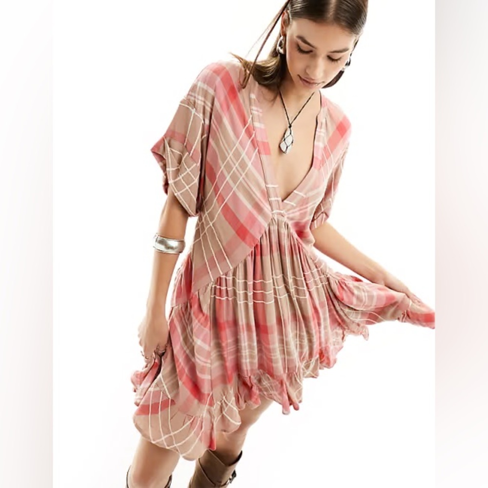 Free People Agnes Pink Plaid V‑Neck Swim Coverup Dress